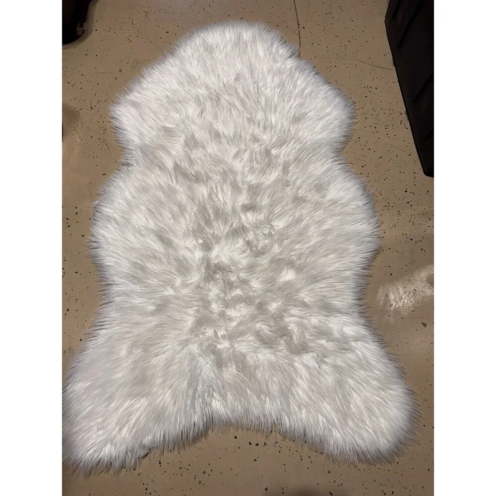 White Sheepskin Faux Fur Area Rug, Plush Shabby Chic, Shag Pelt Rug 2” X3”
